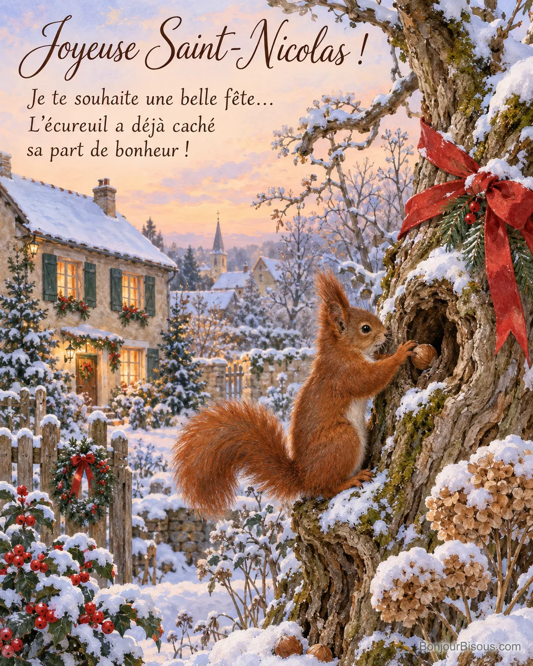 Un écureuil roux cache une noisette dans un arbre décoré d’un ruban rouge, devant une maison enneigée, avec le texte « Joyeuse Saint-Nicolas ! Je te souhaite une belle fête… L’écureuil a déjà caché sa part de bonheur ! ». Un écureuil roux cache une noisette dans un arbre décoré d’un ruban rouge, devant une maison enneigée, avec le texte « Joyeuse Saint-Nicolas ! Je te souhaite une belle fête… L’écureuil a déjà caché sa part de bonheur ! ».