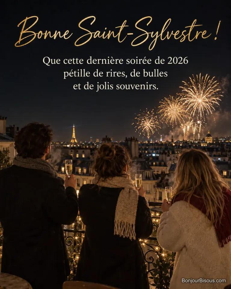Photo de trois amis vus de dos sur un balcon parisien, coupes de champagne à la main, devant un feu d’artifice doré et la tour Eiffel illuminée, avec le texte « Bonne Saint-Sylvestre ! Que cette dernière soirée de 2026 pétille de rires, de bulles et de jolis souvenirs. »
