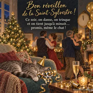 Peinture d’un chat tigré endormi sur le canapé avec un chapeau de fête doré au milieu des serpentins, deux couples qui dansent devant le sapin et une horloge proche de minuit, avec le texte « Bon réveillon de la Saint-Sylvestre ! Ce soir, on danse, on trinque et on tient jusqu’à minuit… promis, même le chat ! »
