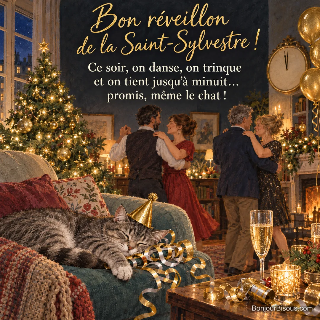 Peinture d’un chat tigré endormi sur le canapé avec un chapeau de fête doré au milieu des serpentins, deux couples qui dansent devant le sapin et une horloge proche de minuit, avec le texte « Bon réveillon de la Saint-Sylvestre ! Ce soir, on danse, on trinque et on tient jusqu’à minuit… promis, même le chat ! » Peinture d’un chat tigré endormi sur le canapé avec un chapeau de fête doré au milieu des serpentins, deux couples qui dansent devant le sapin et une horloge proche de minuit, avec le texte « Bon réveillon de la Saint-Sylvestre ! Ce soir, on danse, on trinque et on tient jusqu’à minuit… promis, même le chat ! »