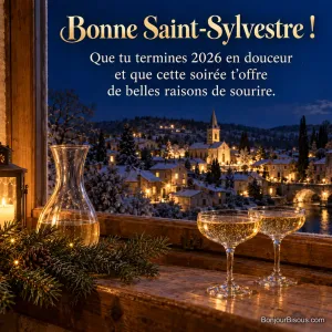 Deux coupes de champagne pétillent devant une fenêtre ouverte sur un village illuminé, avec le texte « Bonne Saint-Sylvestre ! Que tu termines 2026 en douceur et que cette soirée t’offre de belles raisons de sourire. ».
