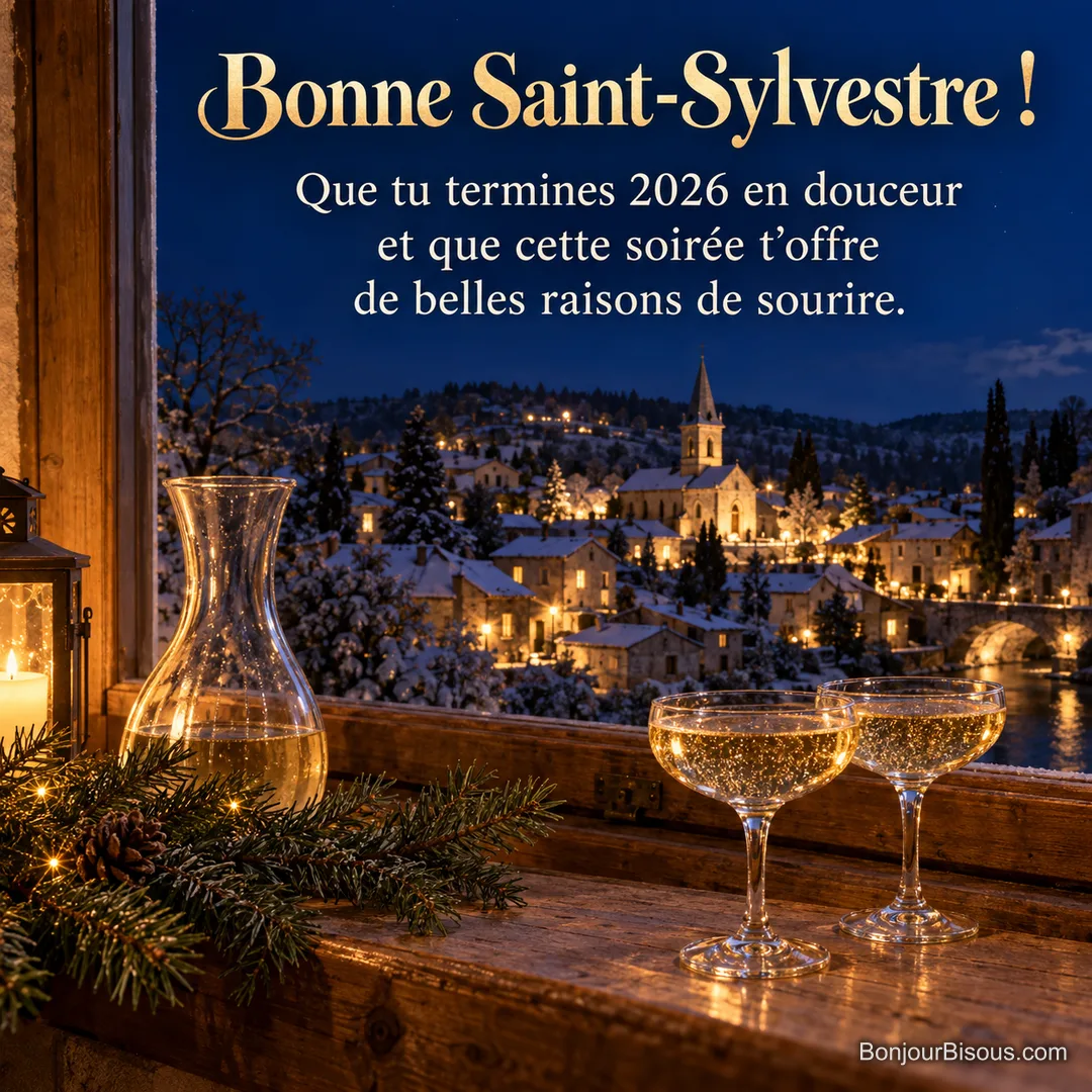 Deux coupes de champagne pétillent devant une fenêtre ouverte sur un village illuminé, avec le texte « Bonne Saint-Sylvestre ! Que tu termines 2026 en douceur et que cette soirée t’offre de belles raisons de sourire. ». Deux coupes de champagne pétillent devant une fenêtre ouverte sur un village illuminé, avec le texte « Bonne Saint-Sylvestre ! Que tu termines 2026 en douceur et que cette soirée t’offre de belles raisons de sourire. ».