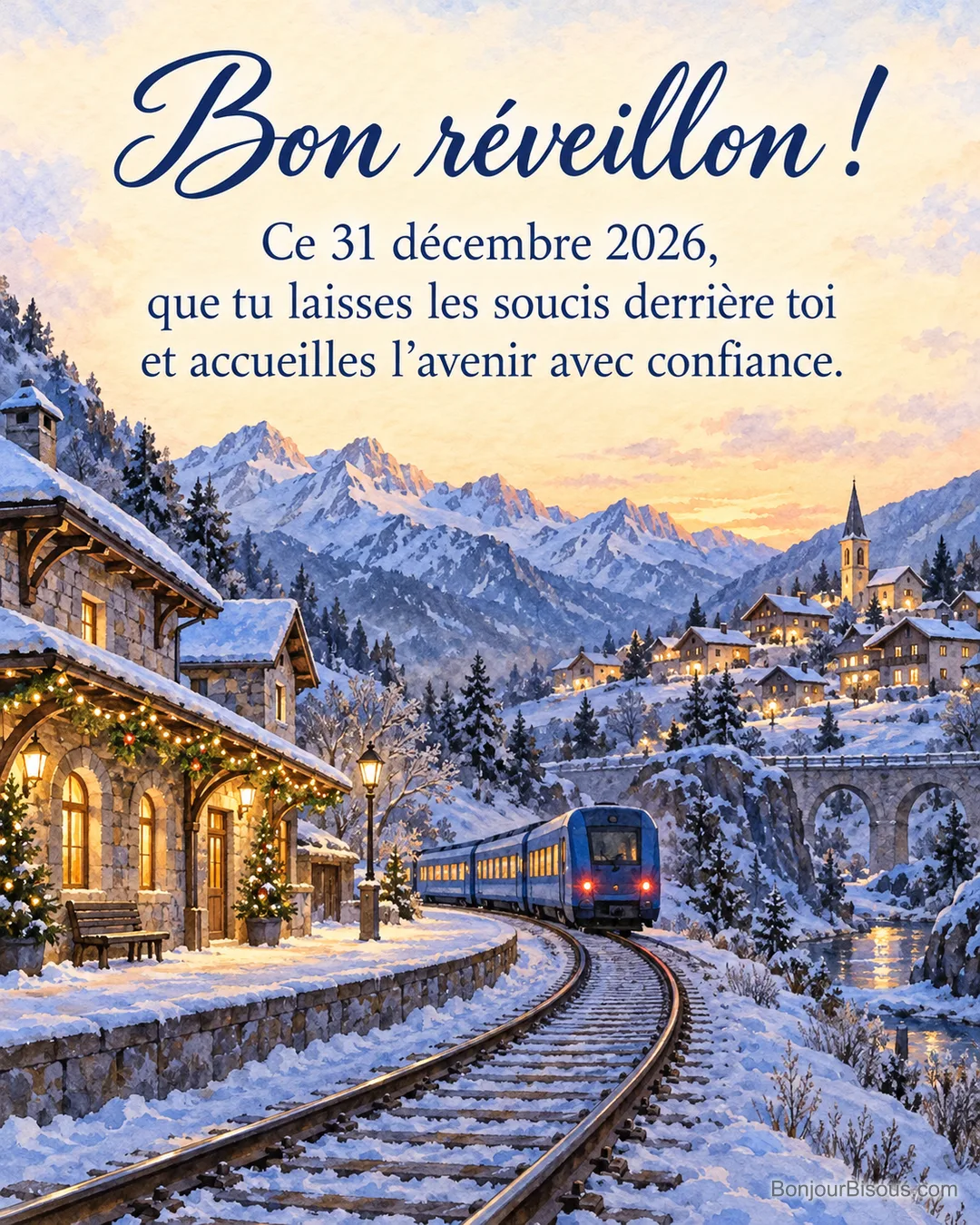 Un train traverse un village enneigé près d’une petite gare décorée pour le réveillon, avec le texte « Bon réveillon ! Ce 31 décembre 2026, que tu laisses les soucis derrière toi et accueilles l’avenir avec confiance. ». Un train traverse un village enneigé près d’une petite gare décorée pour le réveillon, avec le texte « Bon réveillon ! Ce 31 décembre 2026, que tu laisses les soucis derrière toi et accueilles l’avenir avec confiance. ».