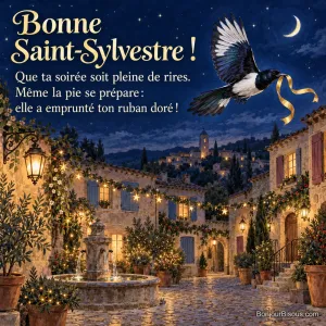 Une pie emporte un ruban doré depuis une cour décorée de lanternes, avec le texte « Bonne Saint-Sylvestre ! Que ta soirée soit pleine de rires. Même la pie se prépare : elle a emprunté ton ruban doré ! ».