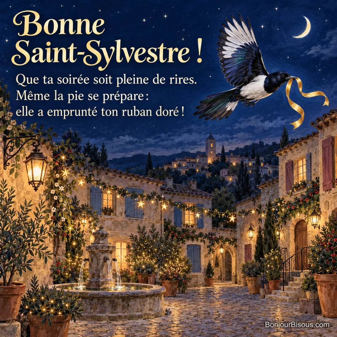 Une pie emporte un ruban doré depuis une cour décorée de lanternes, avec le texte « Bonne Saint-Sylvestre ! Que ta soirée soit pleine de rires. Même la pie se prépare : elle a emprunté ton ruban doré ! ». Une pie emporte un ruban doré depuis une cour décorée de lanternes, avec le texte « Bonne Saint-Sylvestre ! Que ta soirée soit pleine de rires. Même la pie se prépare : elle a emprunté ton ruban doré ! ».