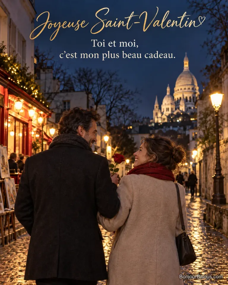 Photo d’un couple vu de dos dans une rue pavée de Montmartre la nuit, il tient une rose rouge, le Sacré-Cœur illuminé au fond, avec le texte « Joyeuse Saint-Valentin – Toi et moi, c’est mon plus beau cadeau. »