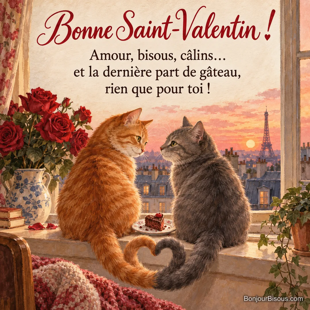 Peinture de deux chats, un roux et un gris, assis face à face sur un rebord de fenêtre, leurs queues formant un cœur, une part de gâteau entre eux et la tour Eiffel au coucher du soleil, avec le texte « Bonne Saint-Valentin ! Amour, bisous, câlins… et la dernière part de gâteau, rien que pour toi ! »