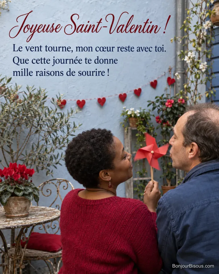 Un couple s’amuse à faire tourner un moulin à vent en papier rouge dans une cour décorée pour la Saint-Valentin, avec le texte « Joyeuse Saint-Valentin ! Le vent tourne, mon cœur reste avec toi. Que cette journée te donne mille raisons de sourire ! ».