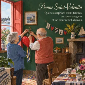 Un couple âgé prépare une piñata rouge en forme de cœur dans une pièce aux couleurs vives, avec le texte « Bonne Saint-Valentin Que tes surprises soient tendres, tes rires contagieux et ton cœur rempli d’amour. ».