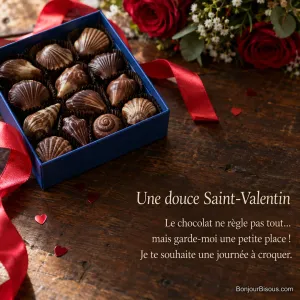 Une boîte bleue de chocolats artisanaux en forme de coquillages est entourée de rubans rouges et de confettis en cœur, avec le texte « Une douce Saint-Valentin Le chocolat ne règle pas tout… mais garde-moi une petite place ! Je te souhaite une journée à croquer. ».