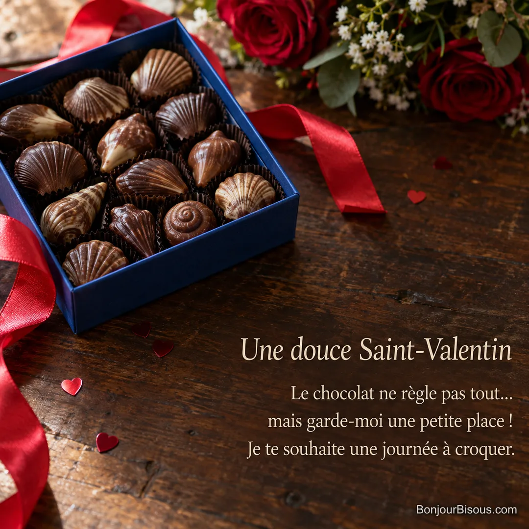 Une boîte bleue de chocolats artisanaux en forme de coquillages est entourée de rubans rouges et de confettis en cœur, avec le texte « Une douce Saint-Valentin Le chocolat ne règle pas tout… mais garde-moi une petite place ! Je te souhaite une journée à croquer. ».