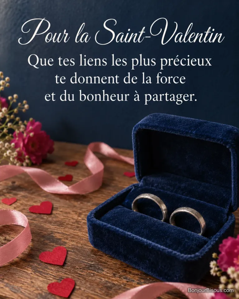 Deux bagues en argent reposent dans un écrin bleu entouré de rubans et de petits cœurs rouges, avec le texte « Pour la Saint-Valentin Que tes liens les plus précieux te donnent de la force et du bonheur à partager. ».