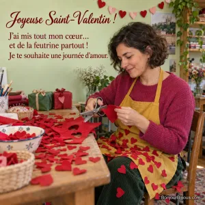 Une femme découpe de la feutrine rouge aux ciseaux cranteurs dans un atelier lyonnais décoré pour la Saint-Valentin, avec le texte « Joyeuse Saint-Valentin ! J’ai mis tout mon cœur… et de la feutrine partout ! Je te souhaite une journée d’amour. ».