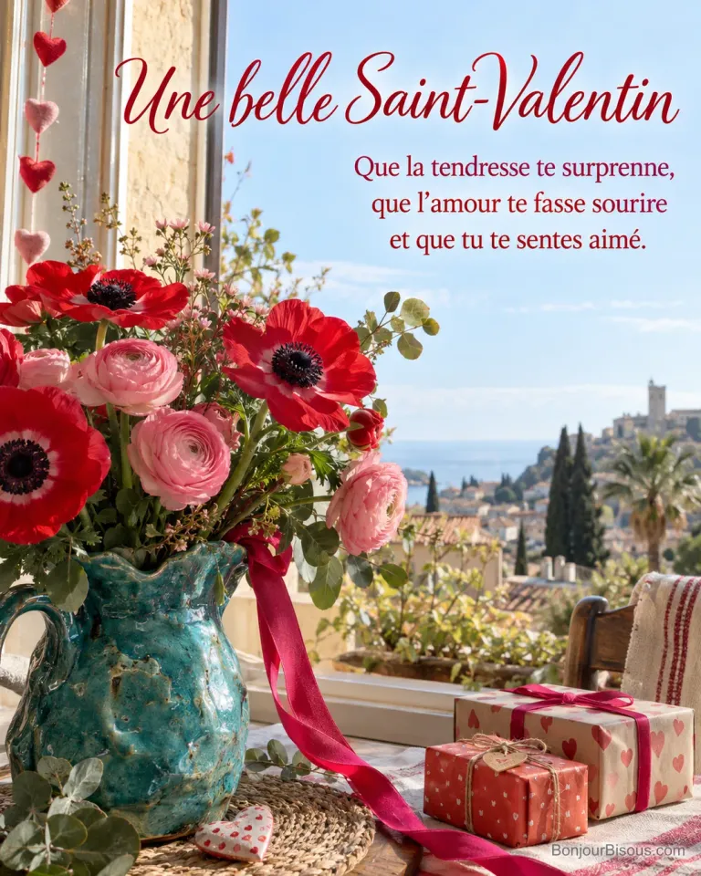 Un bouquet d’anémones rouges et de renoncules roses anime une fenêtre de Vallauris décorée pour la Saint-Valentin, avec le texte « Une belle Saint-Valentin Que la tendresse te surprenne, que l’amour te fasse sourire et que tu te sentes aimé. ».