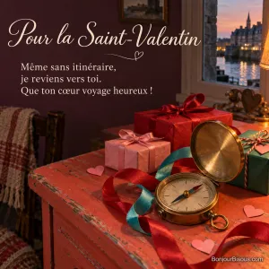 Une boussole en laiton repose parmi des rubans et des décorations de Saint-Valentin sur une console bretonne, avec le texte « Pour la Saint-Valentin Même sans itinéraire, je reviens vers toi. Que ton cœur voyage heureux ! ».
