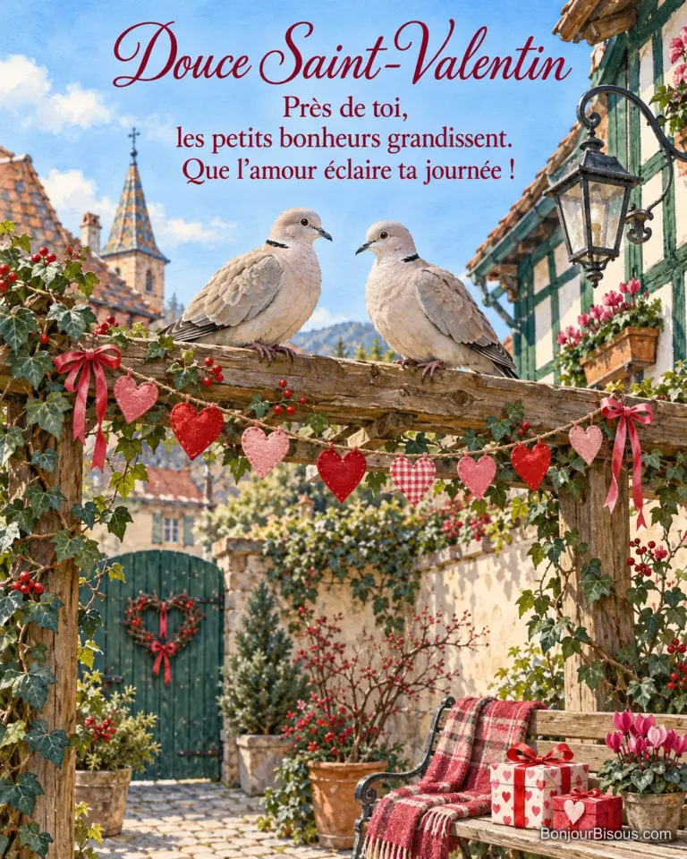 Deux tourterelles turques se rapprochent sur une pergola dans une cour alsacienne décorée pour la Saint-Valentin, avec le texte « Douce Saint-Valentin Près de toi, les petits bonheurs grandissent. Que l’amour éclaire ta journée ! ».