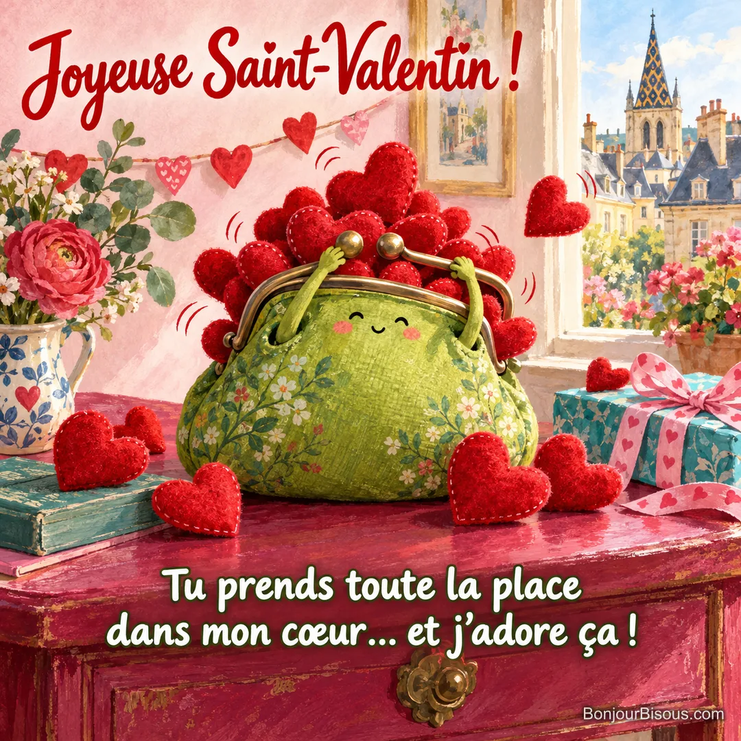Un porte-monnaie vert souriant essaie de se fermer malgré les cœurs rouges qui débordent, avec le message « Joyeuse Saint-Valentin ! Tu prends toute la place dans mon cœur… et j’adore ça ! ».