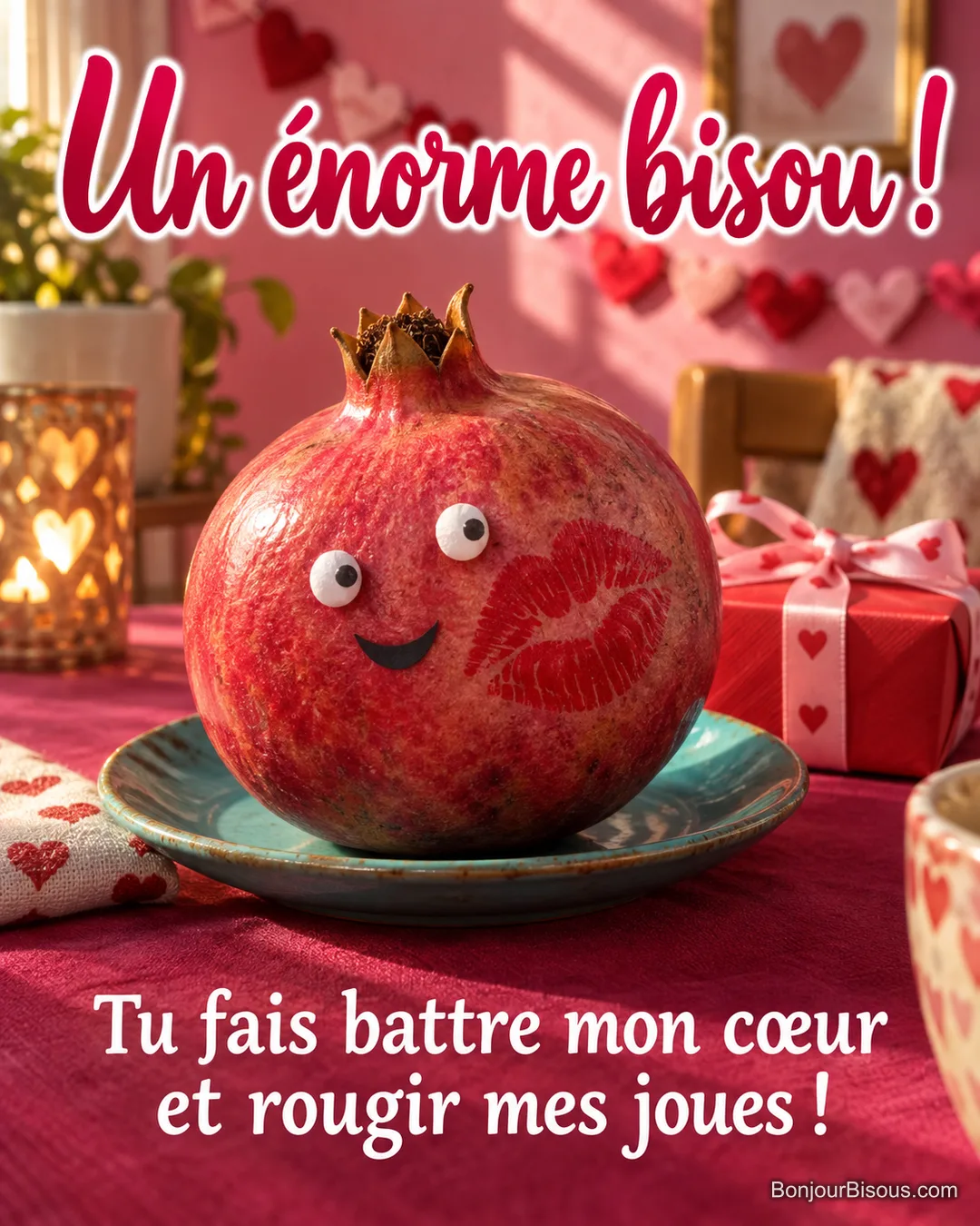Une grenade rouge à petit visage porte sur sa joue une énorme empreinte de baiser, avec le message « Un énorme bisou ! Tu fais battre mon cœur et rougir mes joues ! ».