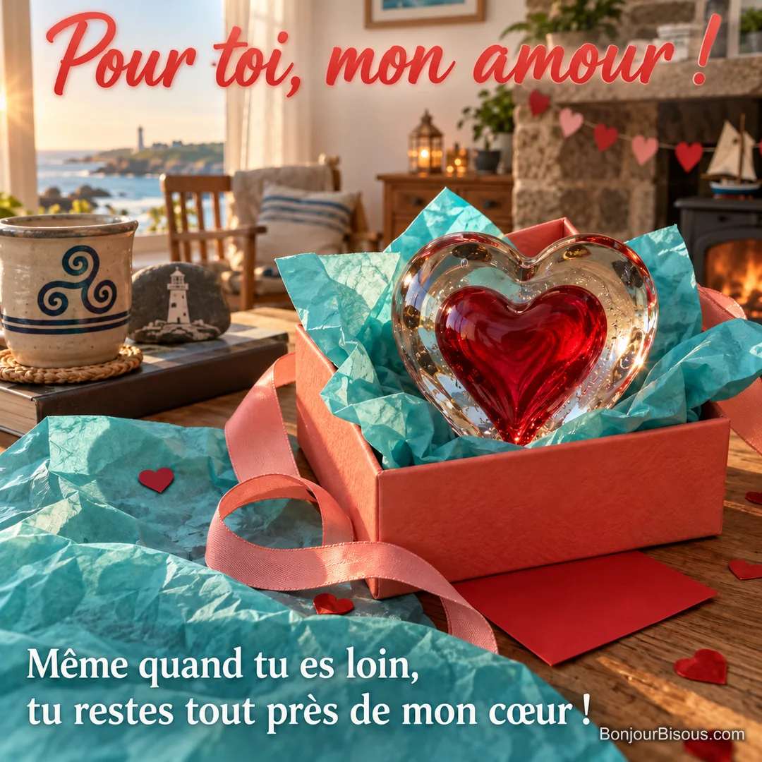 Un cœur rubis enfermé dans un presse-papiers en verre est offert dans un coffret corail et turquoise, avec le message « Pour toi, mon amour ! Même quand tu es loin, tu restes tout près de mon cœur ! ».
