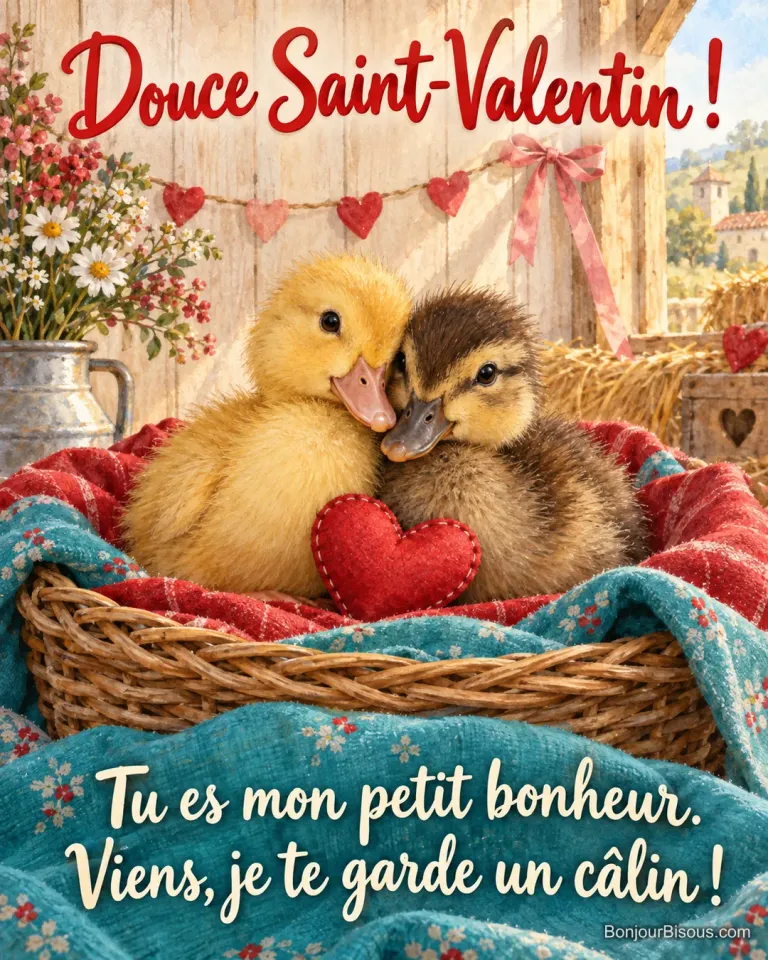 Deux canetons aux duvets jaune et brun se blottissent près d’un coussin rouge en cœur, avec le message « Douce Saint-Valentin ! Tu es mon petit bonheur. Viens, je te garde un câlin ! ».