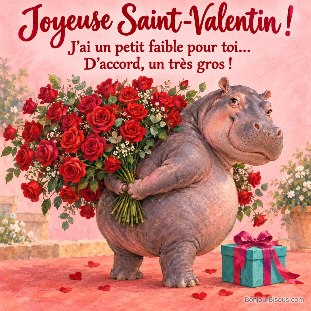 Un hippopotame malicieux essaie de cacher derrière son dos un immense bouquet de roses rouges qui dépasse de chaque côté, avec le texte « Joyeuse Saint-Valentin ! J’ai un petit faible pour toi… D’accord, un très gros ! ». Un hippopotame malicieux essaie de cacher derrière son dos un immense bouquet de roses rouges qui dépasse de chaque côté, avec le texte « Joyeuse Saint-Valentin ! J’ai un petit faible pour toi… D’accord, un très gros ! ».