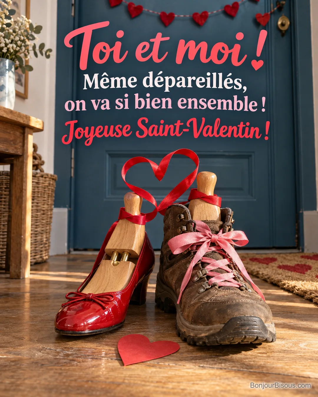 Deux embauchoirs portent des chaussures dépareillées, un soulier rouge et une chaussure de randonnée à lacet rose, unis par un ruban en cœur, avec le texte « Toi et moi ! Même dépareillés, on va si bien ensemble ! Joyeuse Saint-Valentin ! ». Deux embauchoirs portent des chaussures dépareillées, un soulier rouge et une chaussure de randonnée à lacet rose, unis par un ruban en cœur, avec le texte « Toi et moi ! Même dépareillés, on va si bien ensemble ! Joyeuse Saint-Valentin ! ».