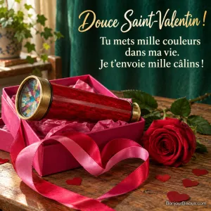 Un kaléidoscope rouge et or est offert dans un coffret fuchsia avec un ruban en cœur et une rose rouge, avec le texte « Douce Saint-Valentin ! Tu mets mille couleurs dans ma vie. Je t’envoie mille câlins ! ».