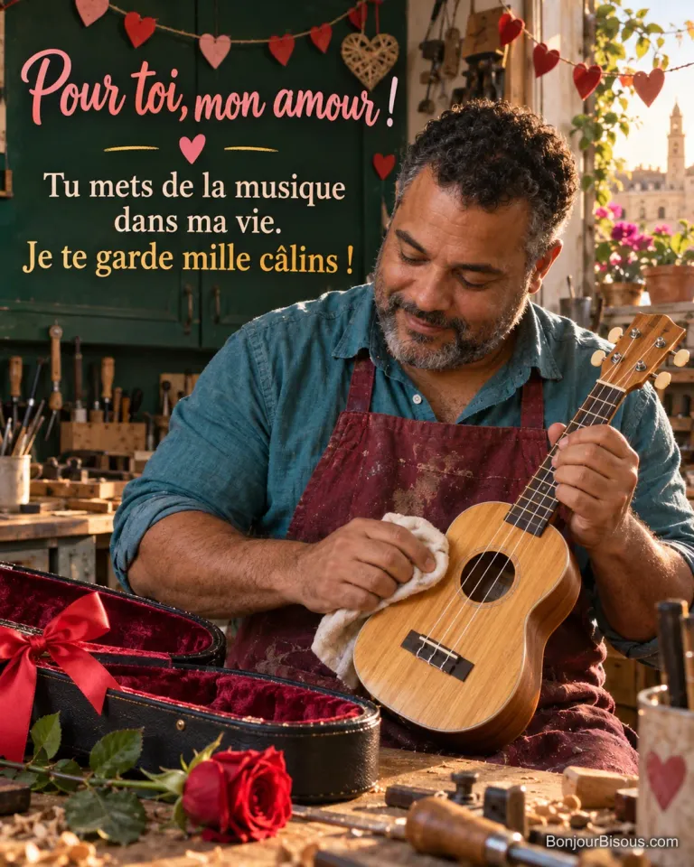 Un luthier en chemise turquoise polit un ukulélé à offrir, près d’une housse nouée de rouge et d’une rose de Saint-Valentin, avec le texte « Pour toi, mon amour ! Tu mets de la musique dans ma vie. Je te garde mille câlins ! ».