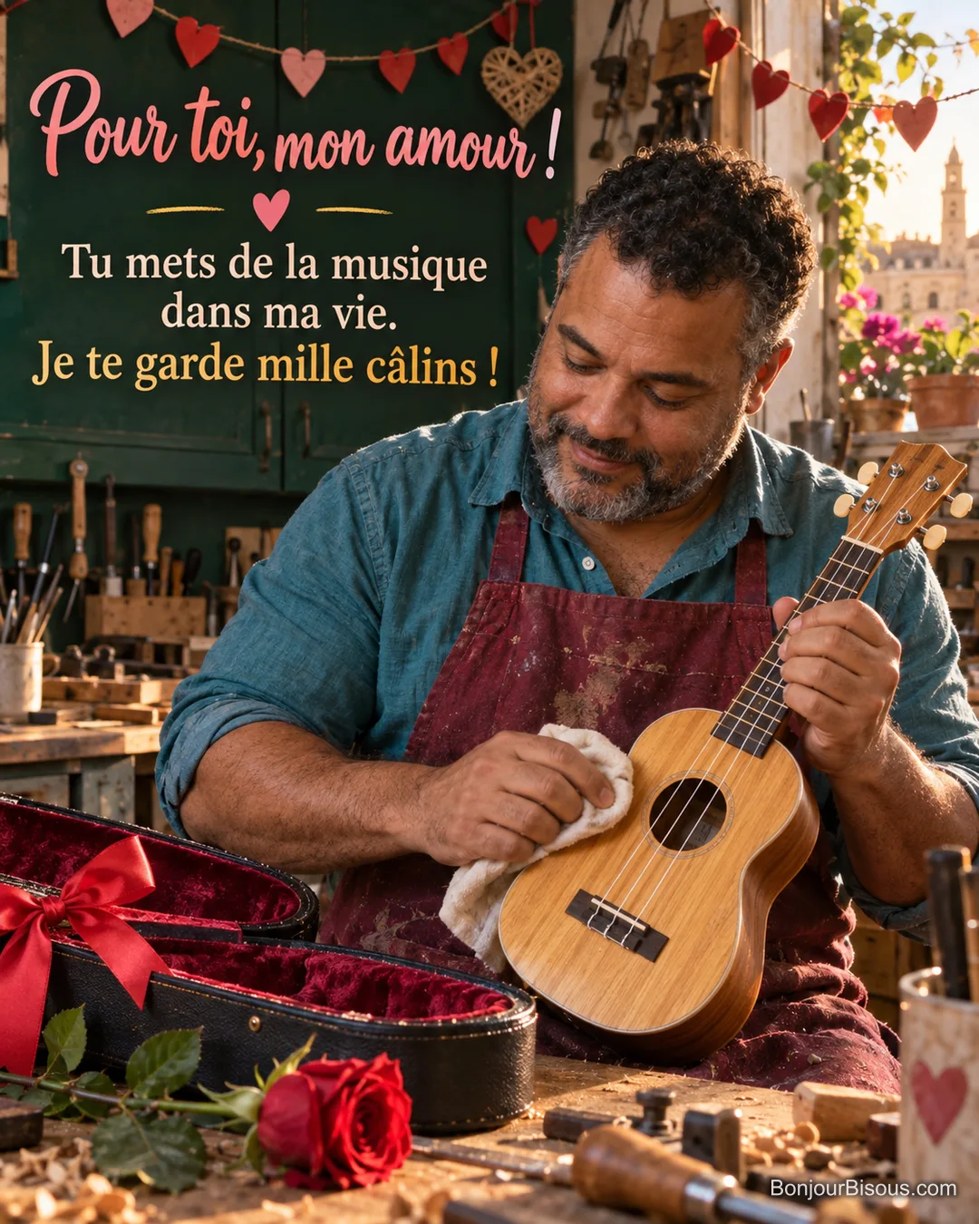Un luthier en chemise turquoise polit un ukulélé à offrir, près d’une housse nouée de rouge et d’une rose de Saint-Valentin, avec le texte « Pour toi, mon amour ! Tu mets de la musique dans ma vie. Je te garde mille câlins ! ». Un luthier en chemise turquoise polit un ukulélé à offrir, près d’une housse nouée de rouge et d’une rose de Saint-Valentin, avec le texte « Pour toi, mon amour ! Tu mets de la musique dans ma vie. Je te garde mille câlins ! ».