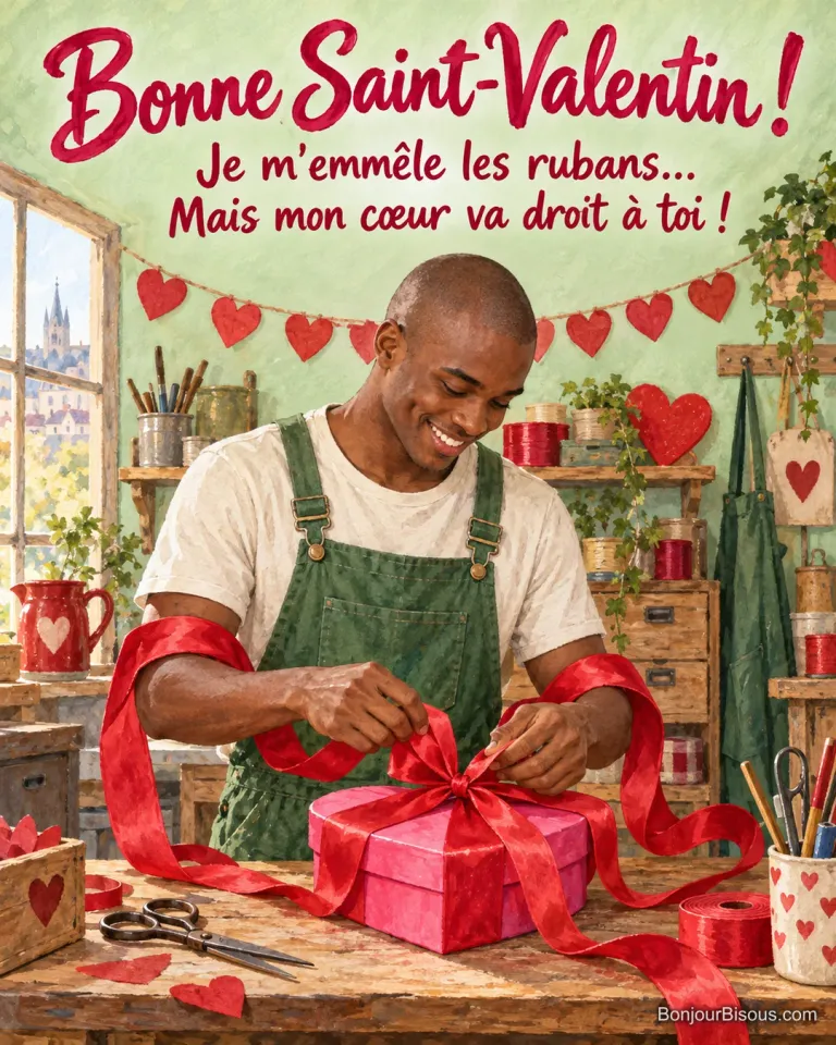 Un fleuriste sourit en nouant un cadeau rose, les bras pris dans un long ruban rouge de Saint-Valentin, avec le texte « Bonne Saint-Valentin ! Je m’emmêle les rubans… Mais mon cœur va droit à toi ! ».