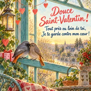 Deux rougequeues noirs se blottissent sur la traverse d’une verrière décorée de cœurs pour la Saint-Valentin, avec le texte « Douce Saint-Valentin ! Tout près ou loin de toi, Je te garde contre mon cœur ! ».
