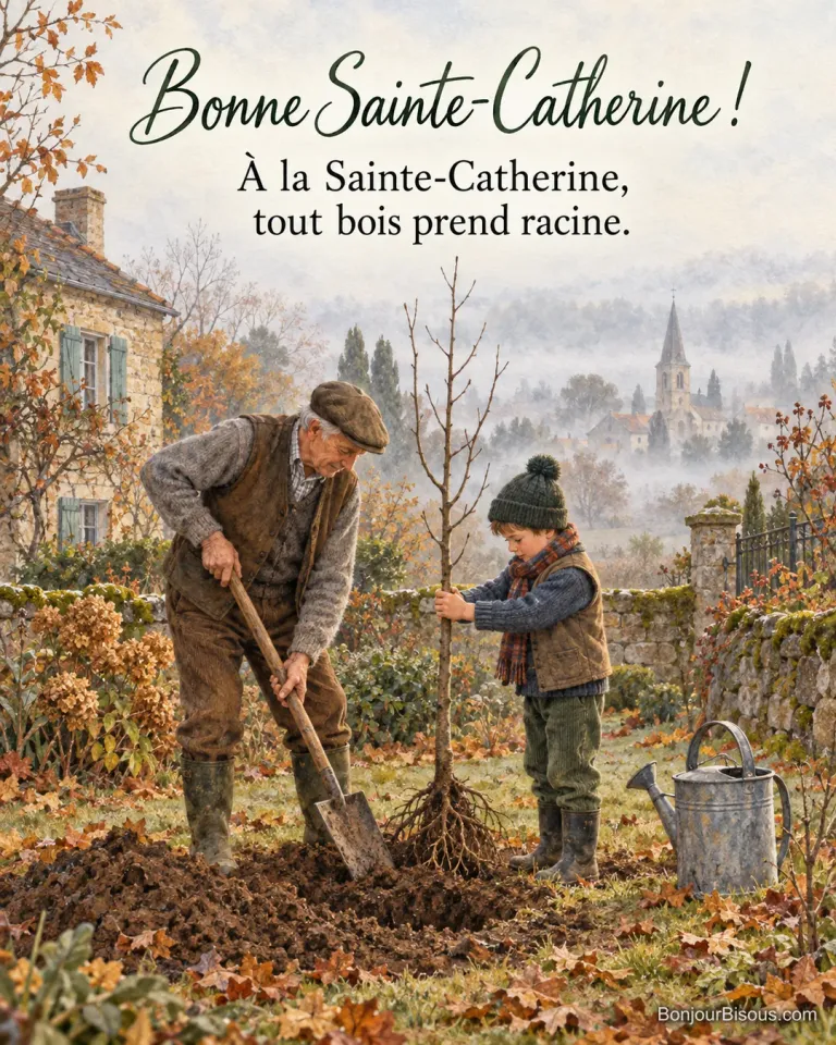 Peinture d’un grand-père en casquette qui bêche pendant que son petit-fils tient un jeune arbre aux racines nues, dans un jardin d’automne avec un clocher dans la brume, avec le texte « Bonne Sainte-Catherine ! À la Sainte-Catherine, tout bois prend racine. »