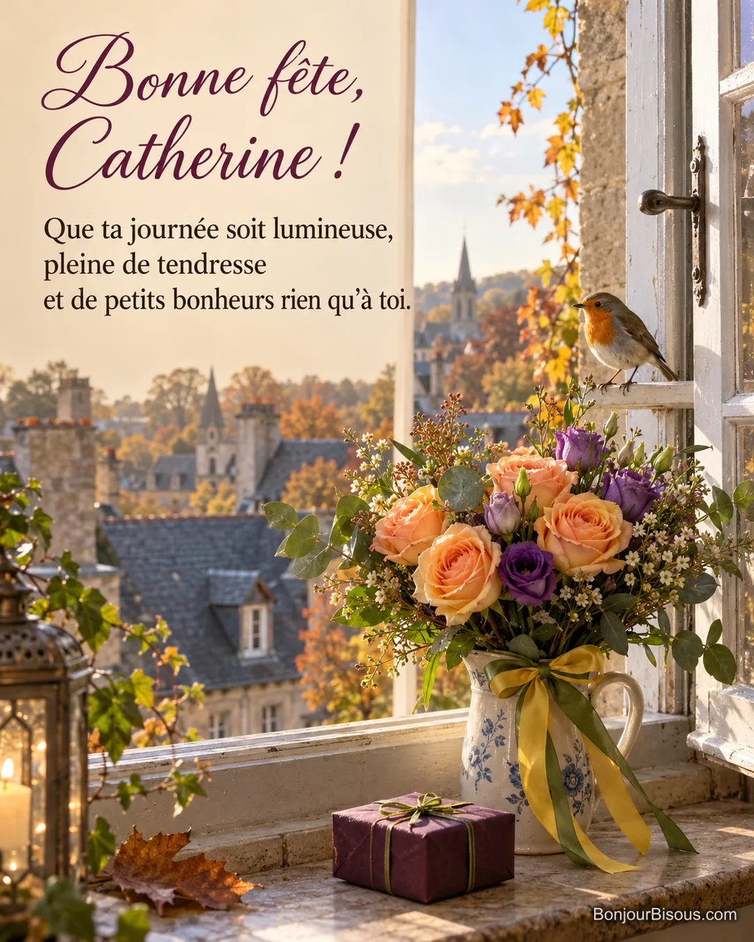 Un bouquet aux rubans jaune et vert et un cadeau fleurissent une fenêtre où se pose un rouge-gorge, avec le texte « Bonne fête, Catherine ! Que ta journée soit lumineuse, pleine de tendresse et de petits bonheurs rien qu’à toi. ». Un bouquet aux rubans jaune et vert et un cadeau fleurissent une fenêtre où se pose un rouge-gorge, avec le texte « Bonne fête, Catherine ! Que ta journée soit lumineuse, pleine de tendresse et de petits bonheurs rien qu’à toi. ».