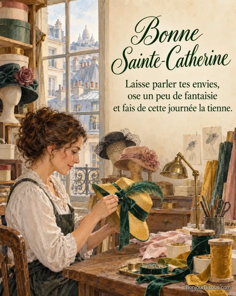 Une modiste décore un chapeau jaune et vert dans son atelier donnant sur les toits de Paris, avec le texte « Bonne Sainte-Catherine Laisse parler tes envies, ose un peu de fantaisie et fais de cette journée la tienne. ».