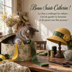 Un chat dans une boîte à chapeau retient des rubans jaune et vert près d’un chapeau de Catherinette, avec le texte « Bonne Sainte-Catherine ! Le chat a confisqué les rubans… à toi de garder la fantaisie et de passer une fête joyeuse ! ».