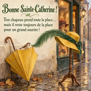 La longue plume d’un chapeau jaune et vert frôle un parapluie sous le regard d’un moineau, avec le texte « Bonne Sainte-Catherine ! Ton chapeau prend toute la place… mais il reste toujours de la place pour un grand sourire ! ».