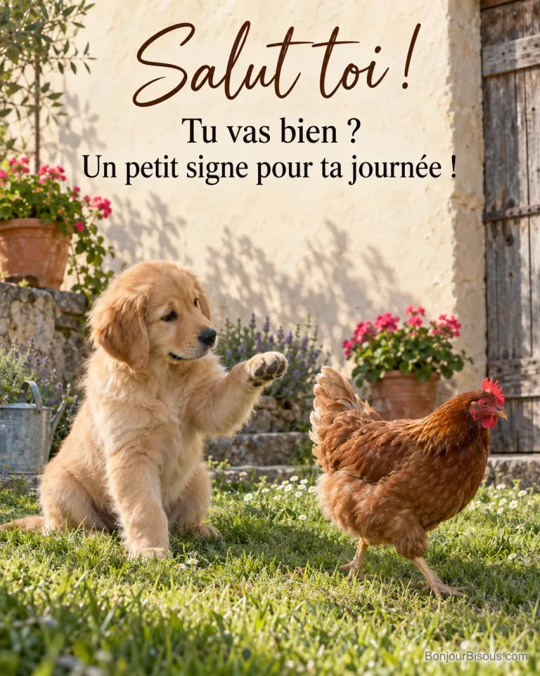 Photo d’un chiot golden retriever assis dans l’herbe qui lève une patte vers une poule rousse, devant un mur fleuri de géraniums, avec le texte « Salut toi ! Tu vas bien ? Un petit signe pour ta journée ! »