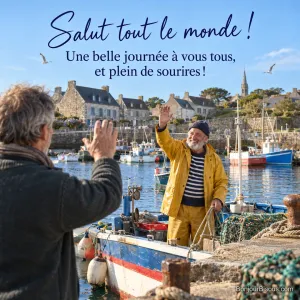 Photo d’un pêcheur barbu en ciré jaune et pull marin qui fait signe de la main depuis sa barque à un ami sur le quai d’un port breton, avec le texte « Salut tout le monde ! Une belle journée à vous tous, et plein de sourires ! »