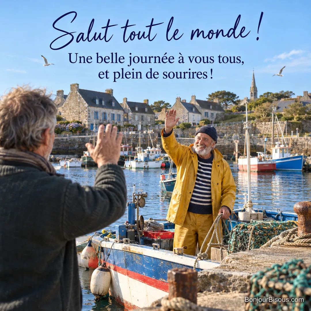Photo d’un pêcheur barbu en ciré jaune et pull marin qui fait signe de la main depuis sa barque à un ami sur le quai d’un port breton, avec le texte « Salut tout le monde ! Une belle journée à vous tous, et plein de sourires ! » Photo d’un pêcheur barbu en ciré jaune et pull marin qui fait signe de la main depuis sa barque à un ami sur le quai d’un port breton, avec le texte « Salut tout le monde ! Une belle journée à vous tous, et plein de sourires ! »
