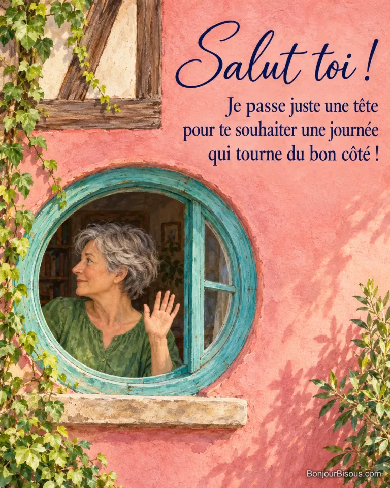 Une femme fait un signe de la main depuis une fenêtre ronde dans une maison alsacienne, avec le texte « Salut toi ! Je passe juste une tête pour te souhaiter une journée qui tourne du bon côté ! ».