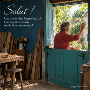 Un menuisier salue un voisin depuis la partie haute ouverte de sa porte fermière turquoise, avec le texte « Salut ! Une pensée vient frapper chez toi. Que ta journée s’ouvre sur de belles rencontres ! ».