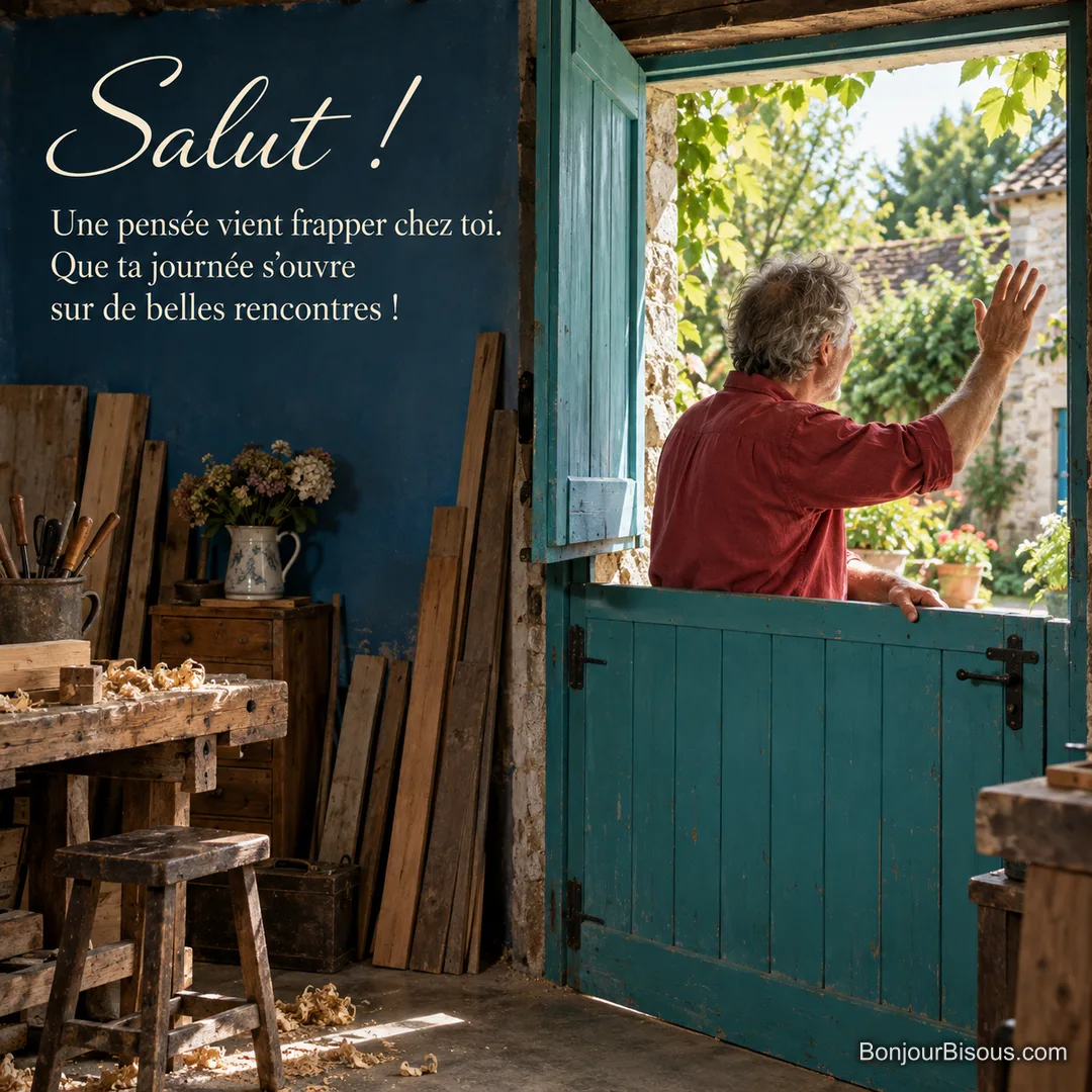 Un menuisier salue un voisin depuis la partie haute ouverte de sa porte fermière turquoise, avec le texte « Salut ! Une pensée vient frapper chez toi. Que ta journée s’ouvre sur de belles rencontres ! ». Un menuisier salue un voisin depuis la partie haute ouverte de sa porte fermière turquoise, avec le texte « Salut ! Une pensée vient frapper chez toi. Que ta journée s’ouvre sur de belles rencontres ! ».
