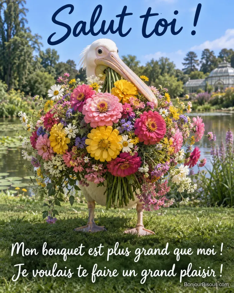 Un pélican apporte un bouquet de zinnias si grand qu’il cache presque tout son corps. Le message est : « Salut toi ! Mon bouquet est plus grand que moi ! Je voulais te faire un grand plaisir ! ».