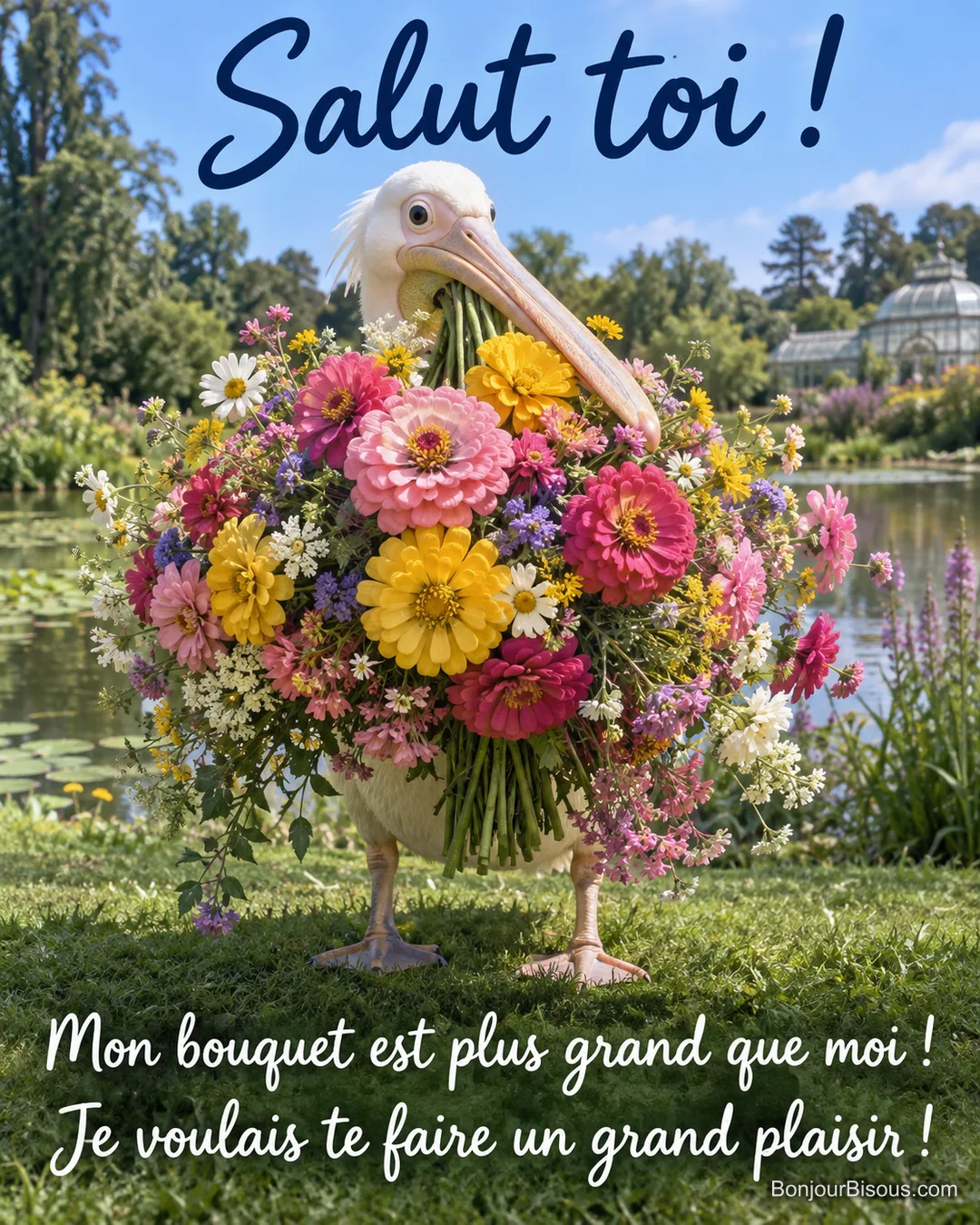 Un pélican apporte un bouquet de zinnias si grand qu’il cache presque tout son corps. Le message est : « Salut toi ! Mon bouquet est plus grand que moi ! Je voulais te faire un grand plaisir ! ».