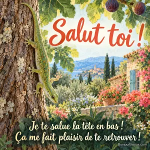 Un gecko vert accroché tête en bas à un figuier lève une patte pour saluer. Le message est : « Salut toi ! Je te salue la tête en bas ! Ça me fait plaisir de te retrouver ! ».