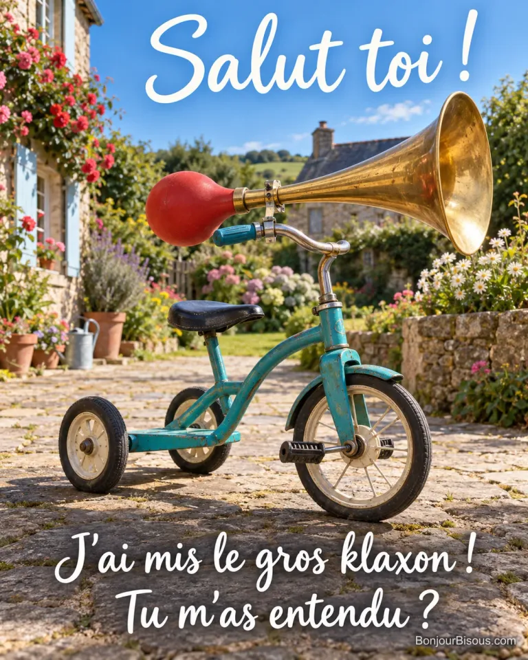 Un minuscule tricycle turquoise porte un klaxon rouge et doré presque aussi gros que lui. Le message est : « Salut toi ! J’ai mis le gros klaxon ! Tu m’as entendu ? ».