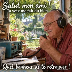 Un radioamateur de 72 ans sourit en retrouvant une voix amie dans son casque. Le message est : « Salut mon ami ! Ta voix me fait du bien. Quel bonheur de te retrouver ! ».