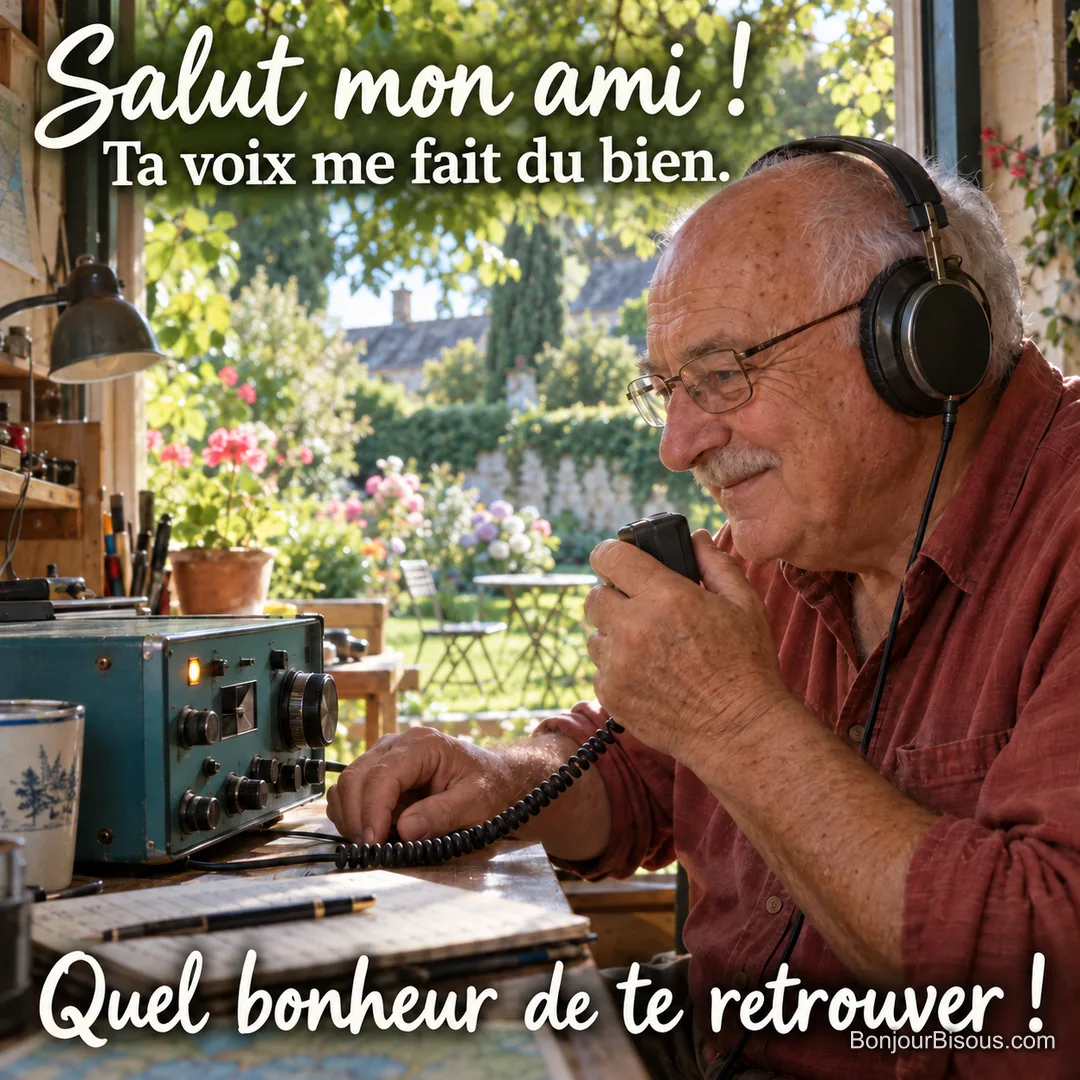 Un radioamateur de 72 ans sourit en retrouvant une voix amie dans son casque. Le message est : « Salut mon ami ! Ta voix me fait du bien. Quel bonheur de te retrouver ! ». Un radioamateur de 72 ans sourit en retrouvant une voix amie dans son casque. Le message est : « Salut mon ami ! Ta voix me fait du bien. Quel bonheur de te retrouver ! ».
