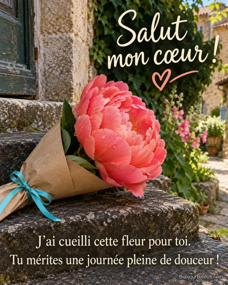 Une pivoine corail fraîchement cueillie dans son cornet de papier attend une personne chère. Le message est : « Salut mon cœur ! J’ai cueilli cette fleur pour toi. Tu mérites une journée pleine de douceur ! ».
