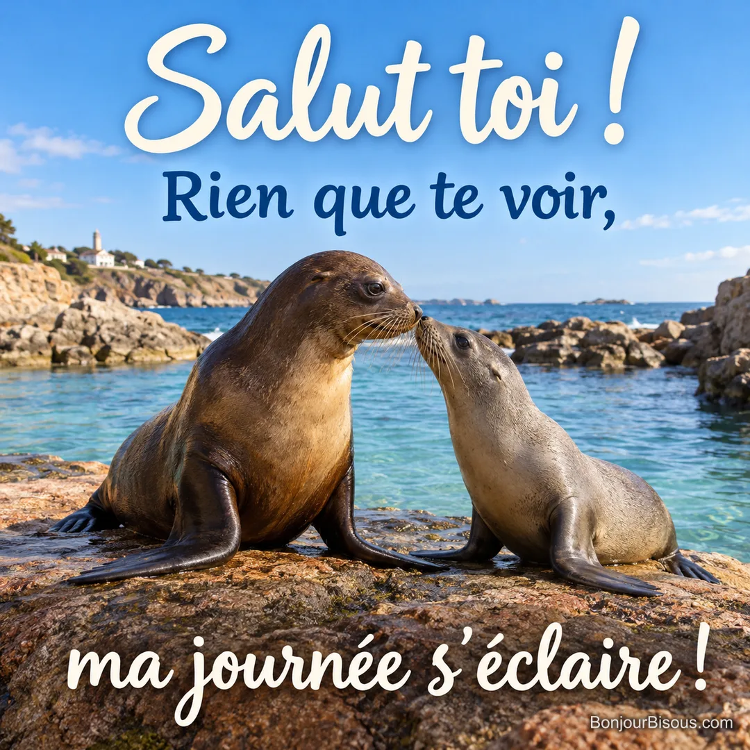 Deux otaries de pelages différents se retrouvent tendrement museau contre museau. Le message est : « Salut toi ! Rien que te voir, ma journée s’éclaire ! ».